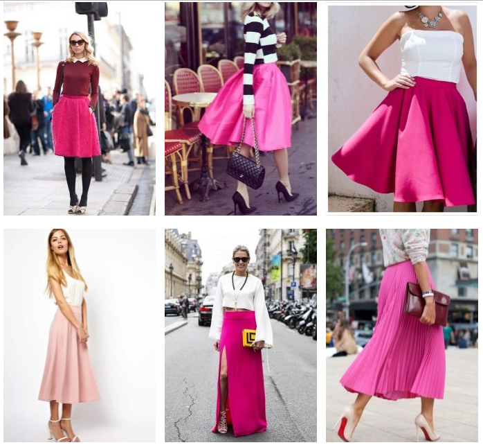 Pink skirts of different styles with accessories