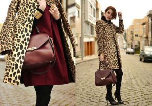 burgundy bag na may leopard coat