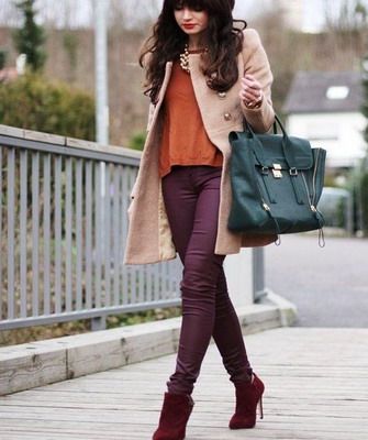 Burgundy ankle boots with coat