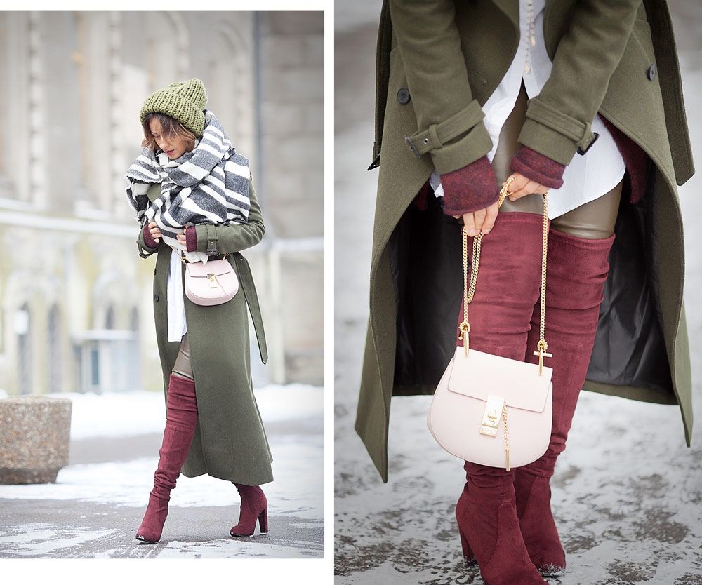 Burgundy boots under a classic coat