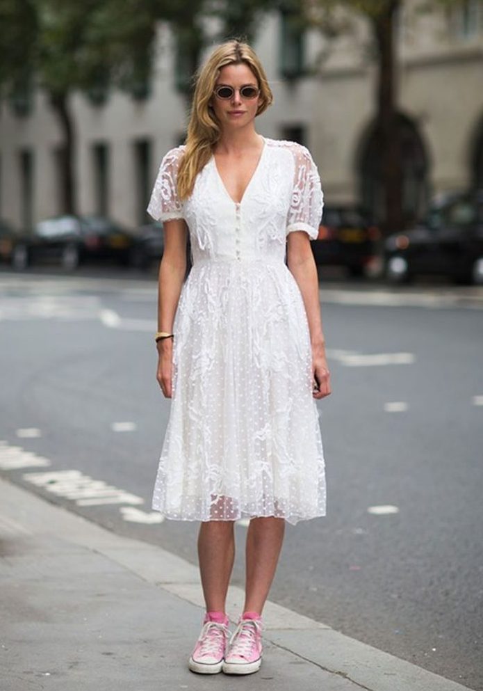 Pink sneakers with a dress