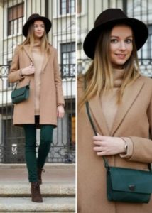 beige coat with green bag