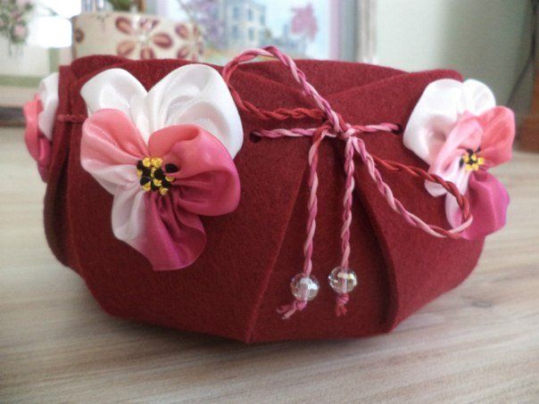 Red felt bag with flowers