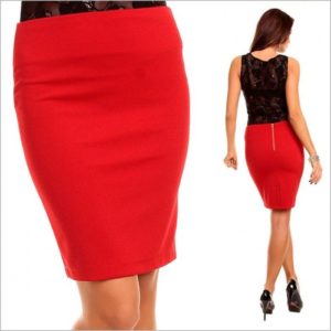 Red skirt with black blouse