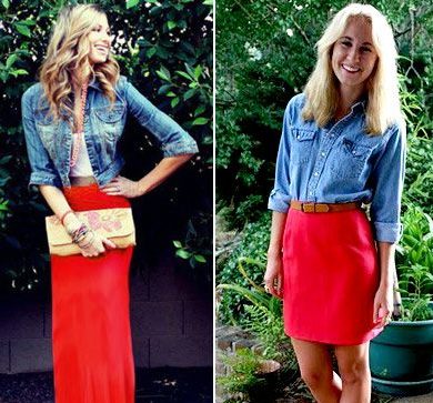 Skirt merah dengan baju denim