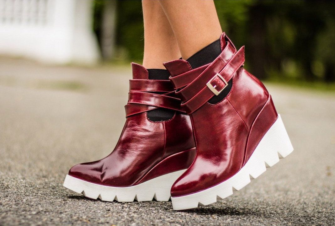 Patent burgundy ankle boots