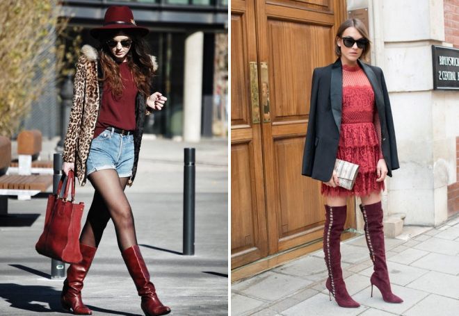 Burgundy boots with a mini skirt