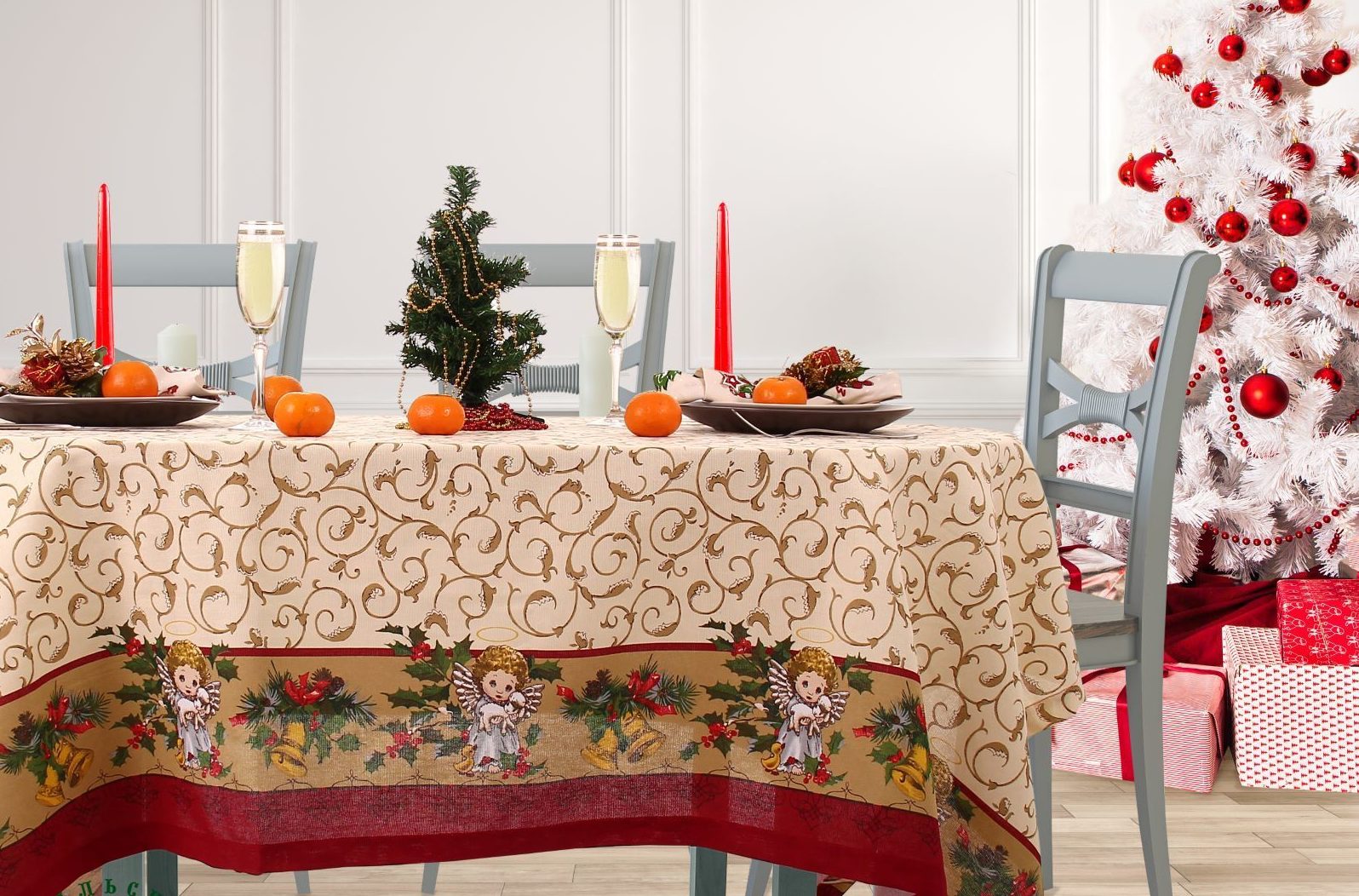 Beige matting tablecloth with angels