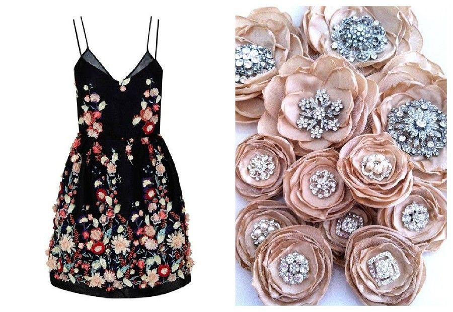 Decorate a black dress with fabric flowers