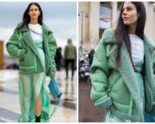 blue bag with green sheepskin coat