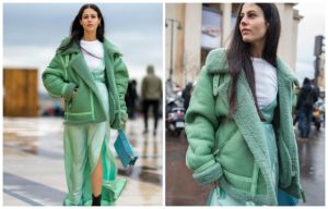 blue bag with green sheepskin coat