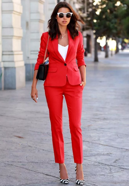 red pantsuit