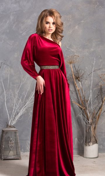 floor-length red velor dress