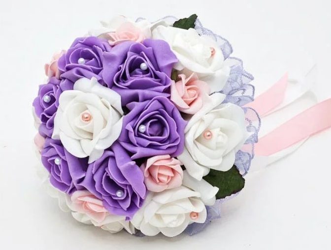 Roses from satin ribbons wedding bouquet