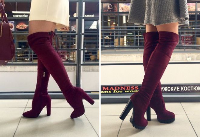 Burgundy suede high-heeled boots