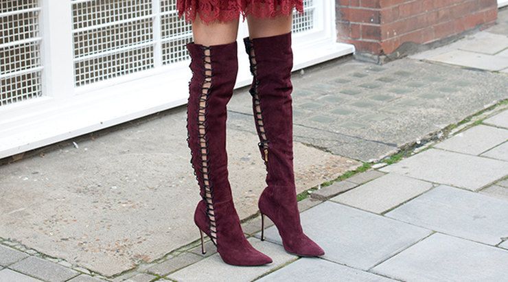 Burgundy suede boots with stiletto heels