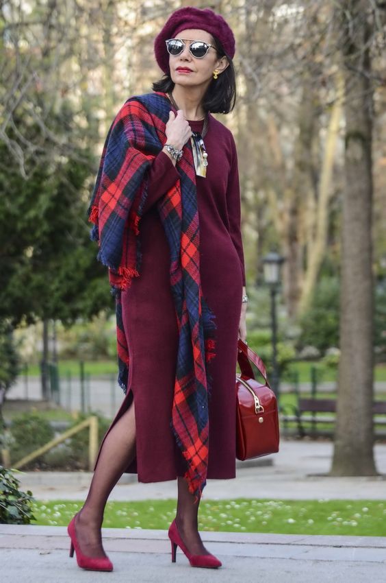 burgundy dress with large scarf