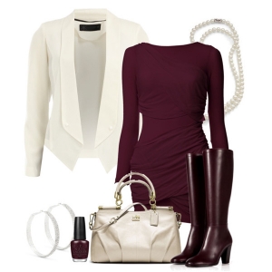 burgundy dress with white jacket