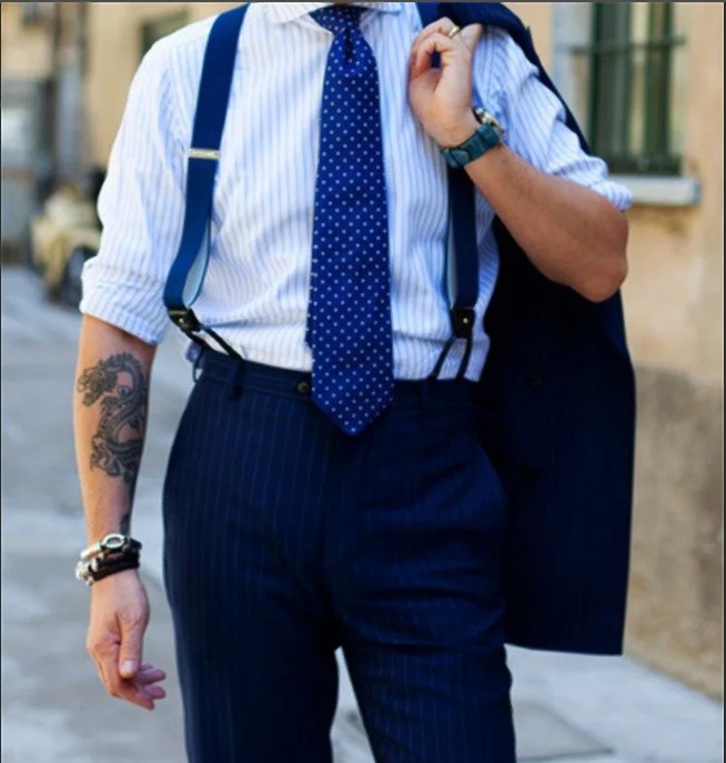 Blue suspenders or belt for a business look