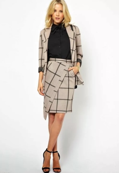 Gray plaid skirt suit