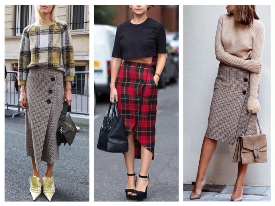 Grå plaid nederdel mode looks