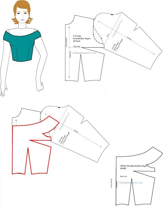 Pattern of bodice and back with open shoulders modeling