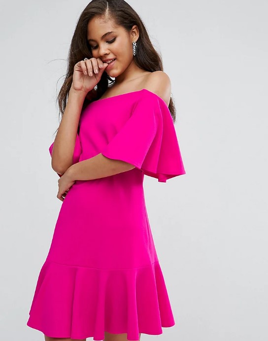 Pattern of a bright pink dress with open shoulders