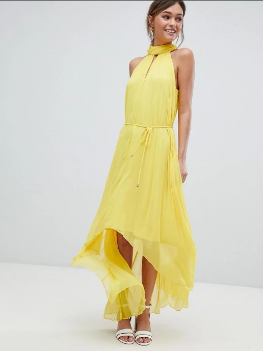 Pattern yellow dress with open shoulders