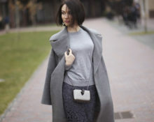 gray midi coat with sweatshirt