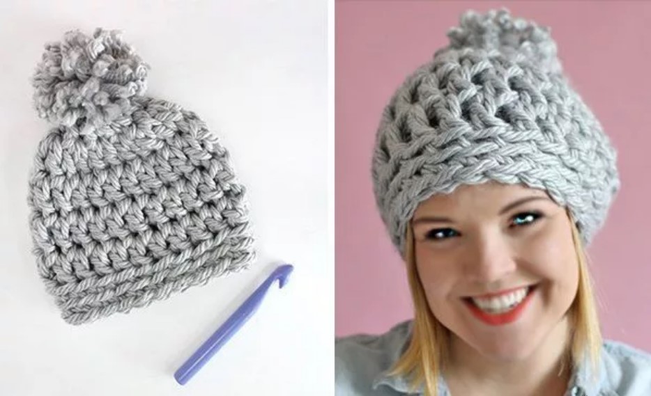 gray crochet hat made of thick yarn