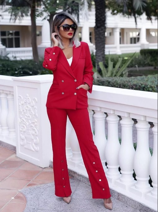 red with white blouse