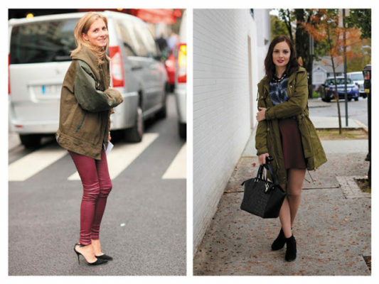 Khaki and red combination in clothes