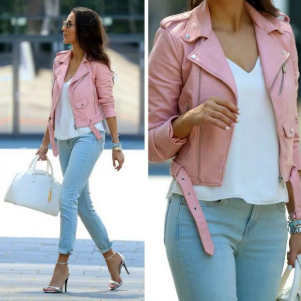 giacca rosa stile sportivo con blue jeans