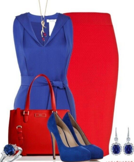 Abendoutfit blau und rot mit blauen Schuhen