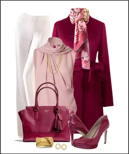 combination of pink and burgundy + shoes and bag