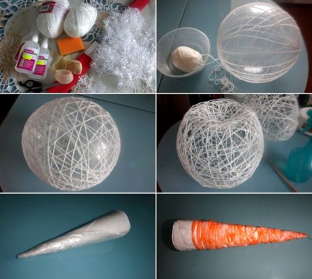 DIY snögubbe gjord av trådar och bollar