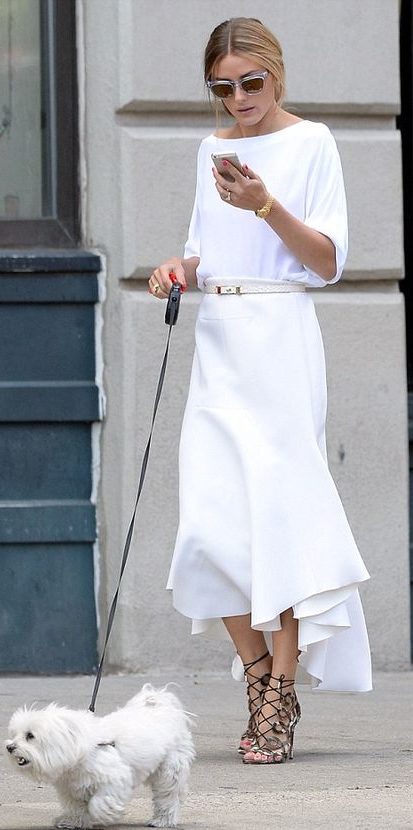 White blouse with a skirt.