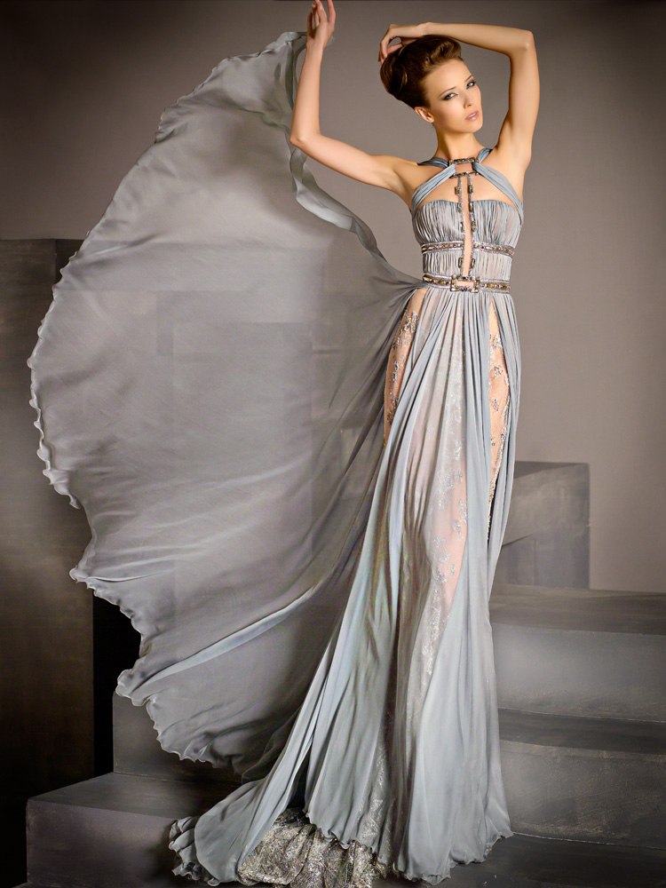 Gray evening dress.