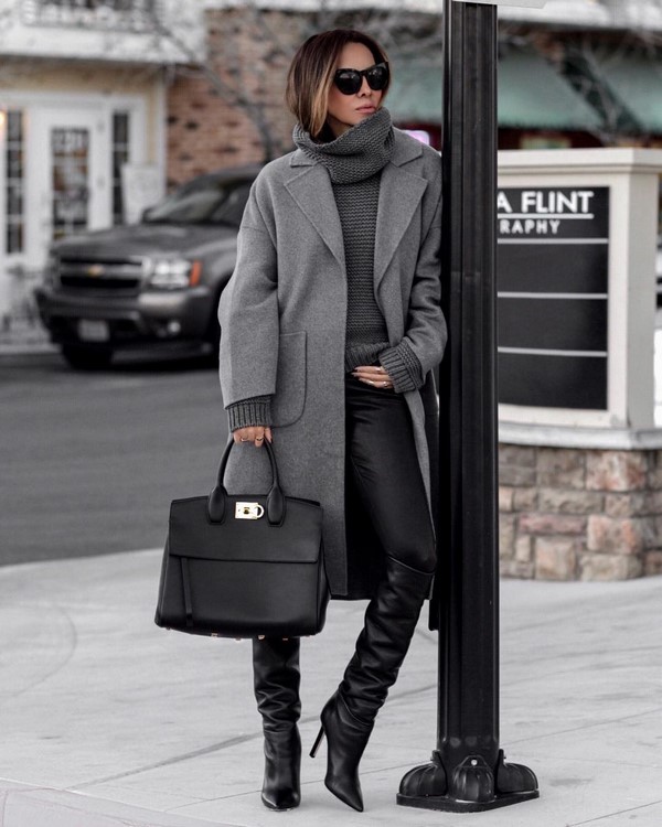 Gray turtleneck sweater.