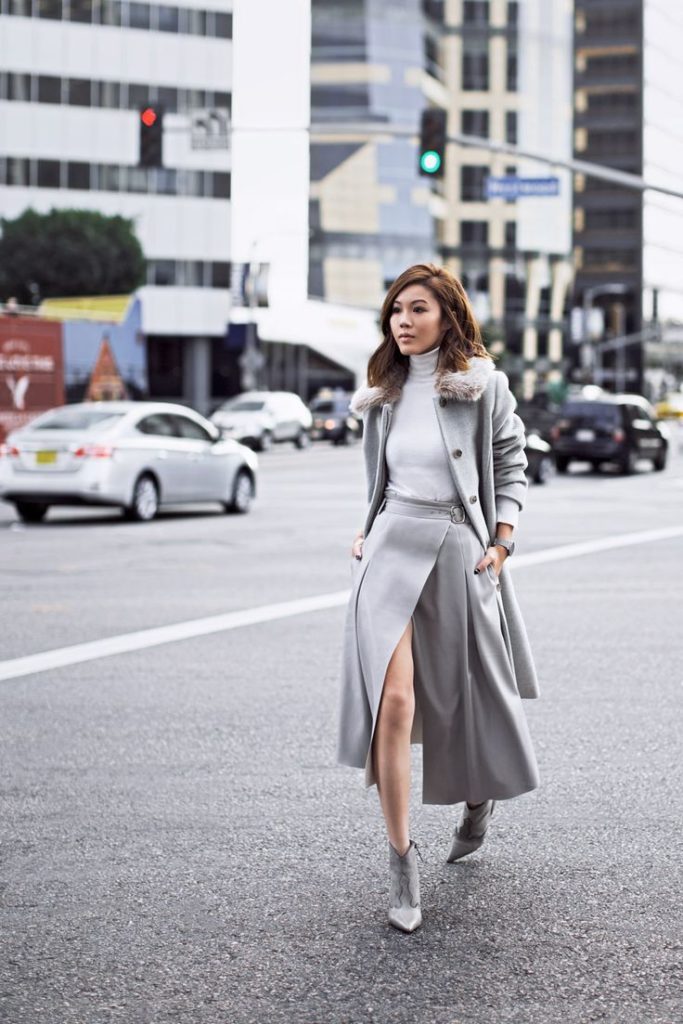 Gray set with white turtleneck.