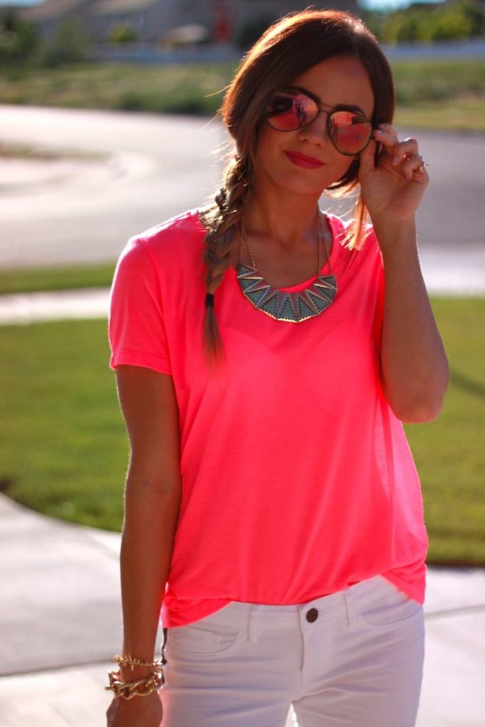 Neon pink t-shirt.