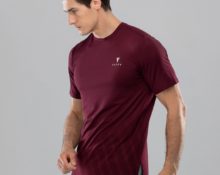 Burgundy T-shirt.