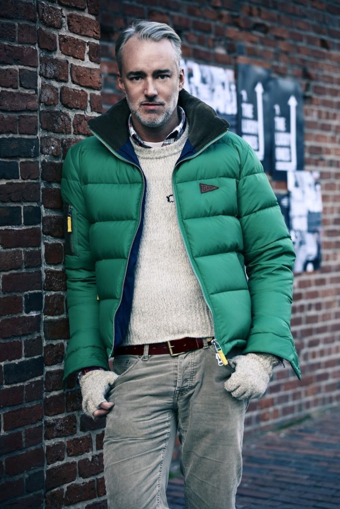 Green down jacket.