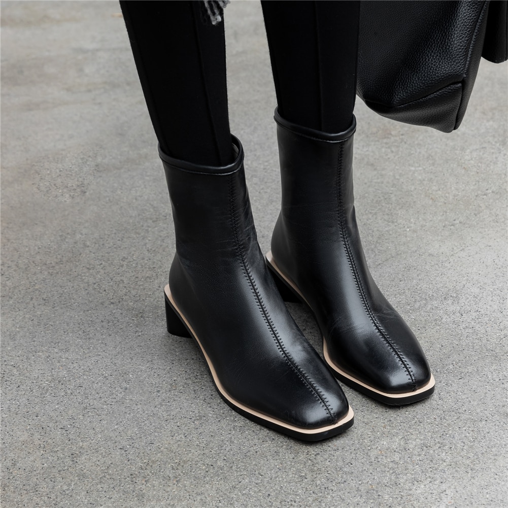 Square toe ankle boots.