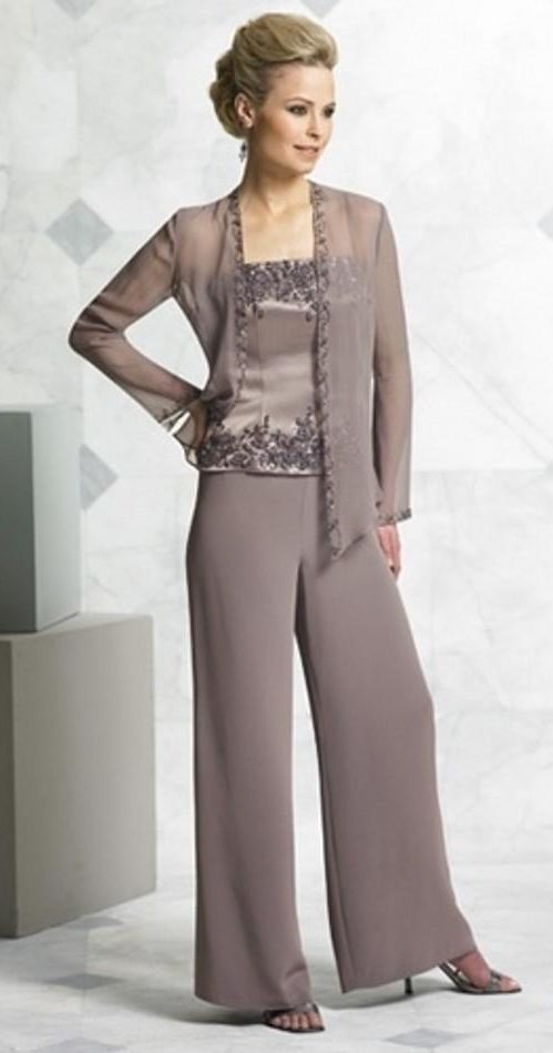 Powder-colored pantsuit.