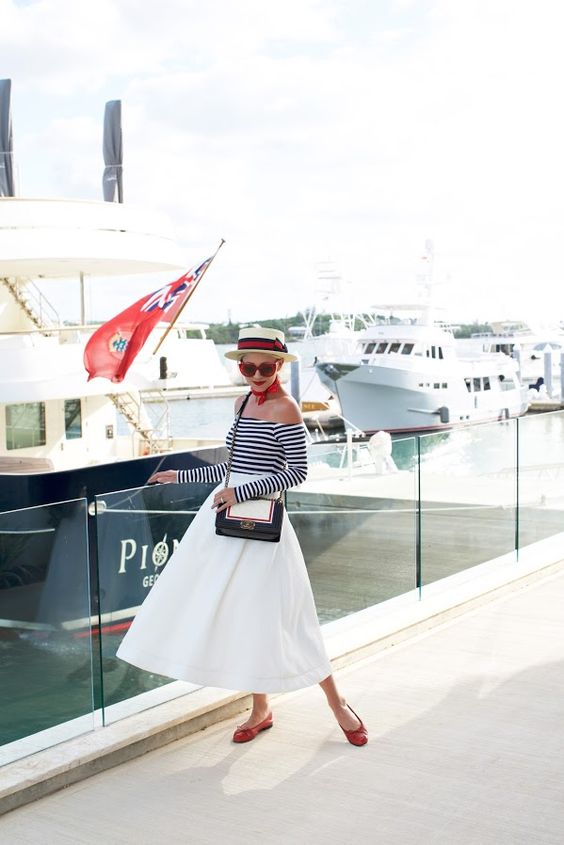 A nautical style look with a skirt.