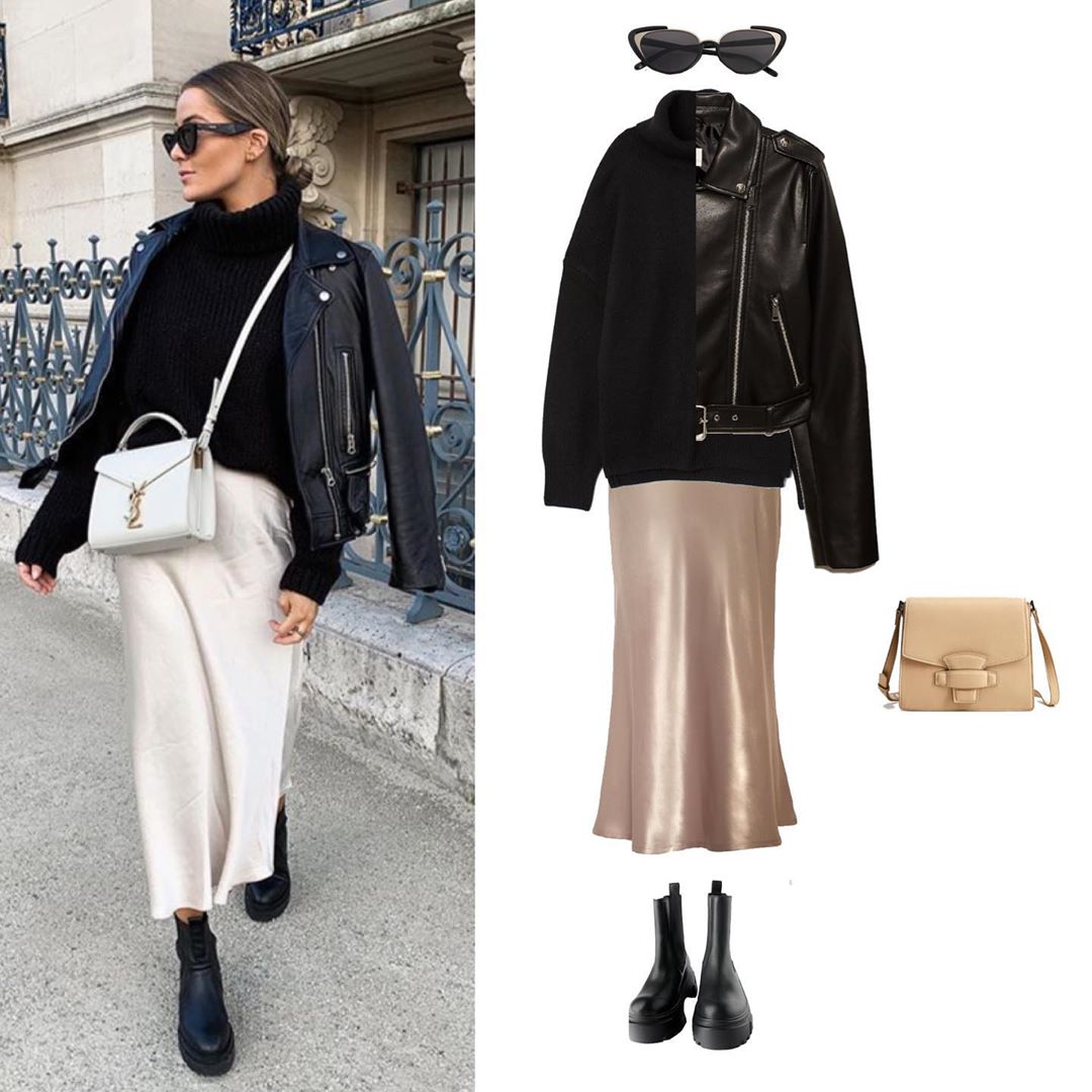 Skirt satin dengan jaket biker