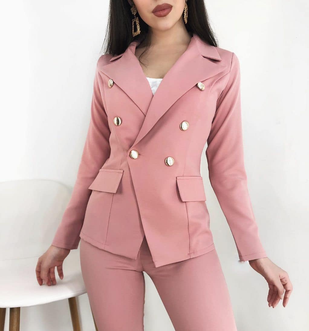 Pink suit with gold buttons