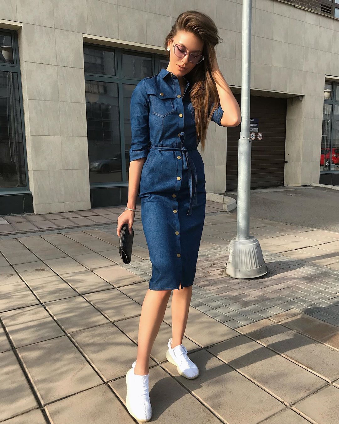 Denim dress with sneakers