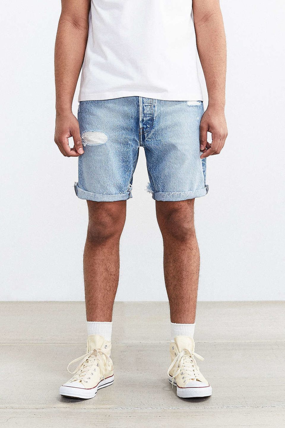 White socks with denim shorts and sneakers